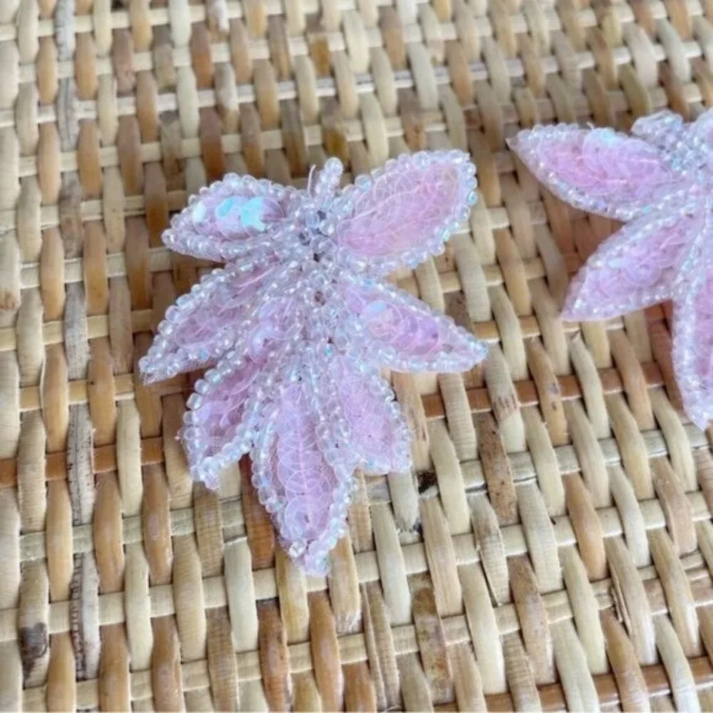 Vintage 80s pink sequin beaded leaf earrings barbie